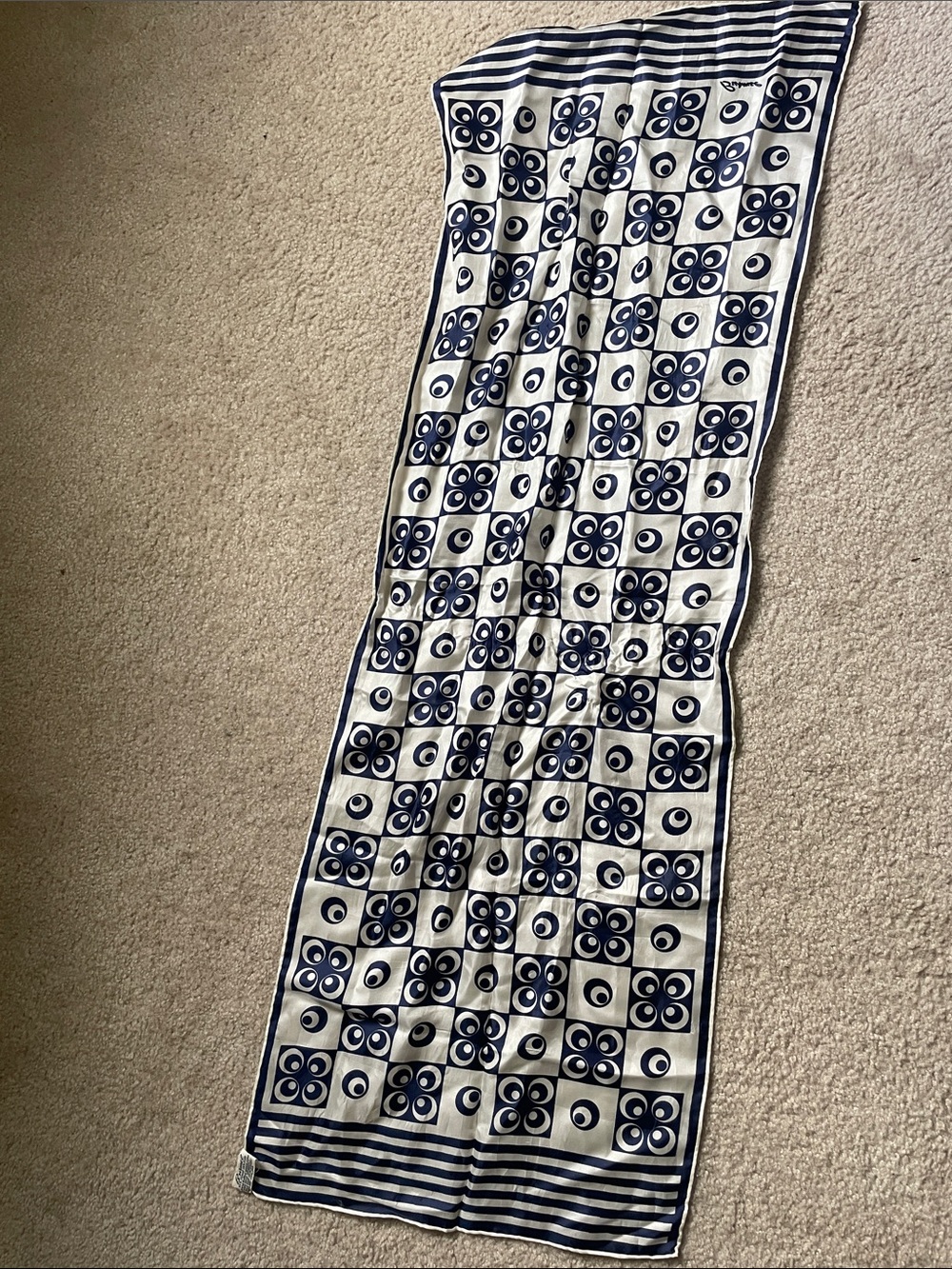 Vintage Japanese Hand Rolled Silk Scarf with Navy and White Bands